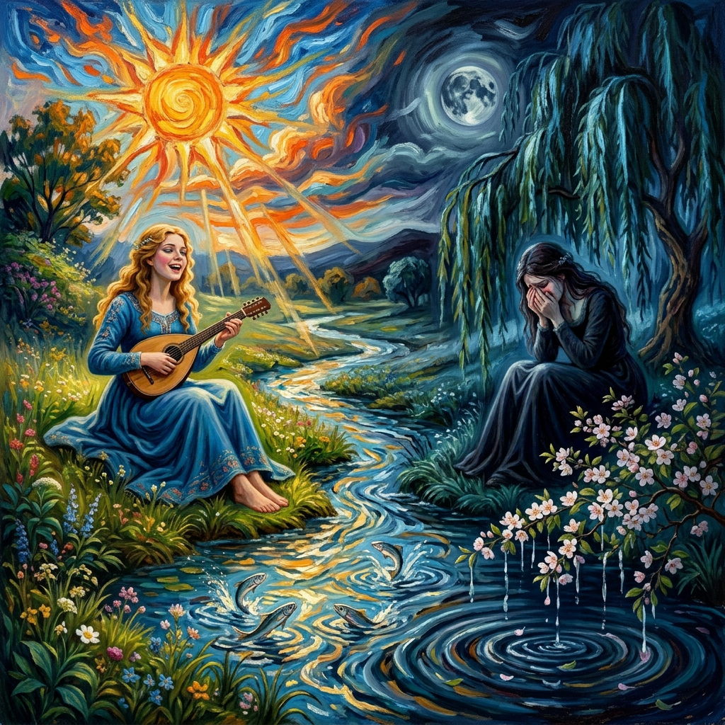 A smiling woman plays lute while another woman weeps beside a stream under sun and moon.